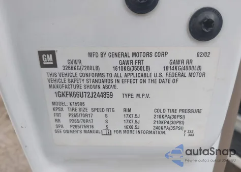 2002 GMC Yukon Xl 1500 Denali from USA, damaged, VIN 1GKFK66U72J244859